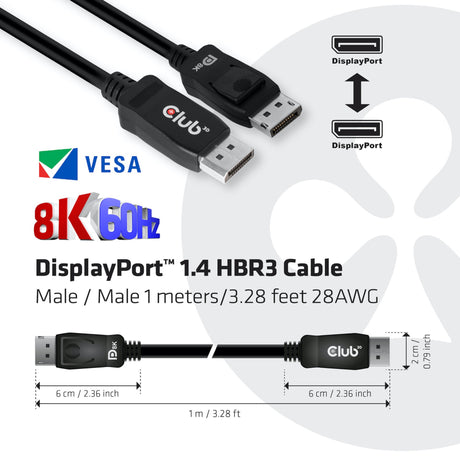 Club 3d displayport 1.4 hbr3 kabel (zwart, 1 meter, 8k)