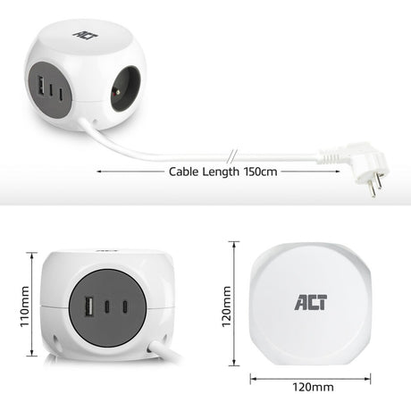 Act connectivity stekkerdoos kubus met 3 stopcontacten, 30w power delivery usb-c a poorten, kabellengte 1,5m stekkerdoos (wit, type e)