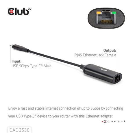 Club 3d usb-c naar rj45 5gbps ethernet m f adapter (zwart)
