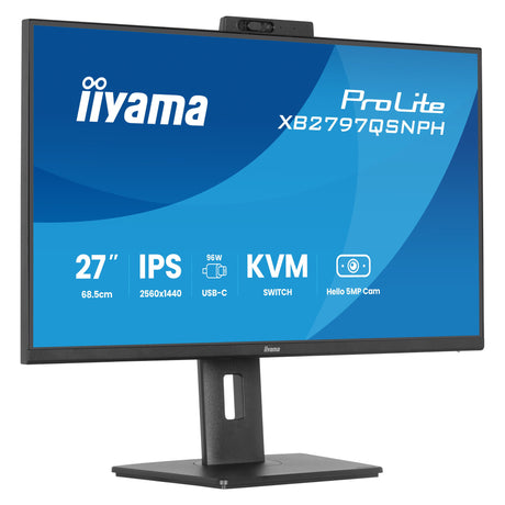 Iiyama prolite xb2797qsnph-b1 27 monitor (zwart, 1x displayport, 1x hdmi, 3x usb-c, 2x usb-a, 1x rj-45, webcam)