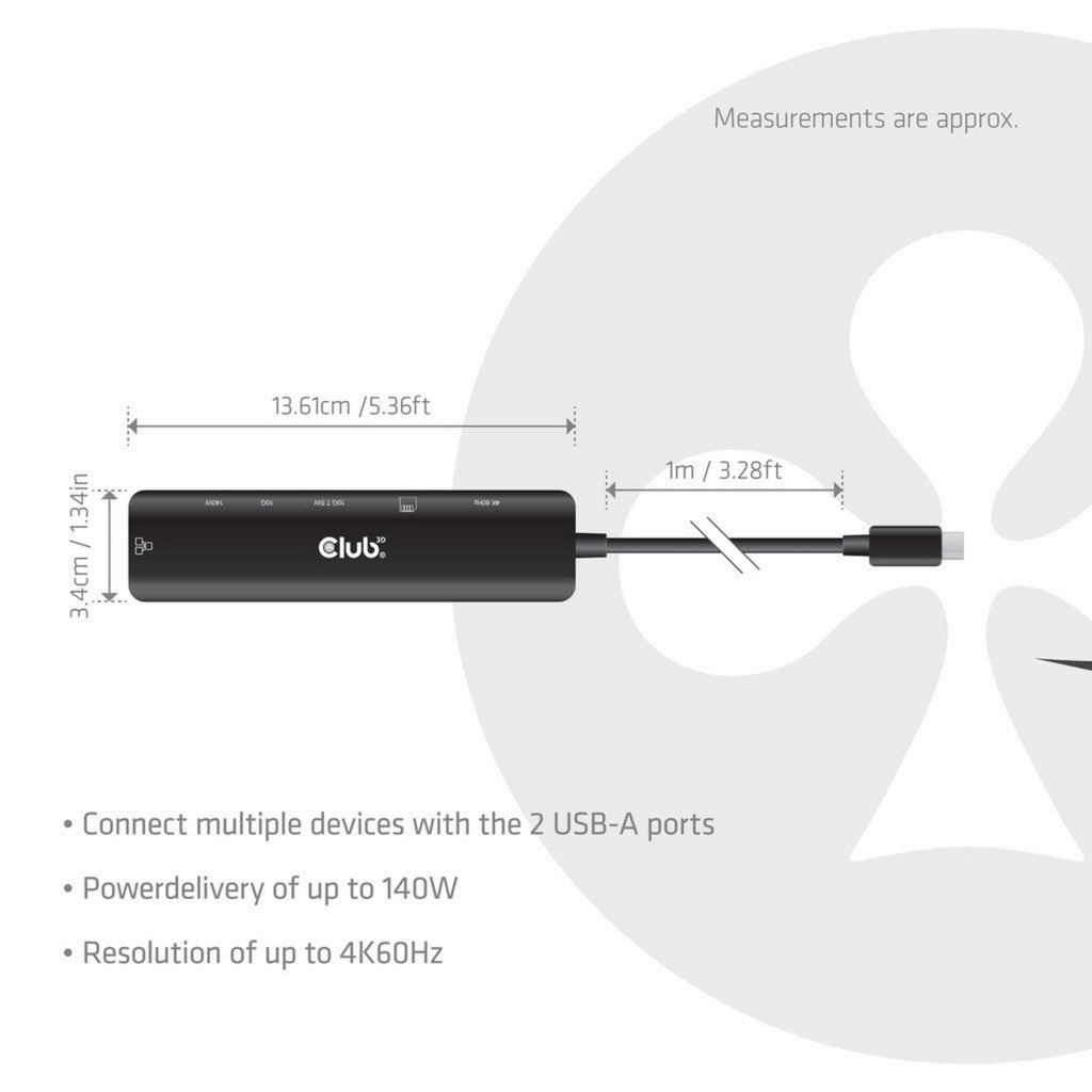 Club 3d csv-2555 7-1 usb-c naar hdmi hub (zwart, 4k60hz, pd3.1 140w, usb-a, usb-c, lan, microsd)