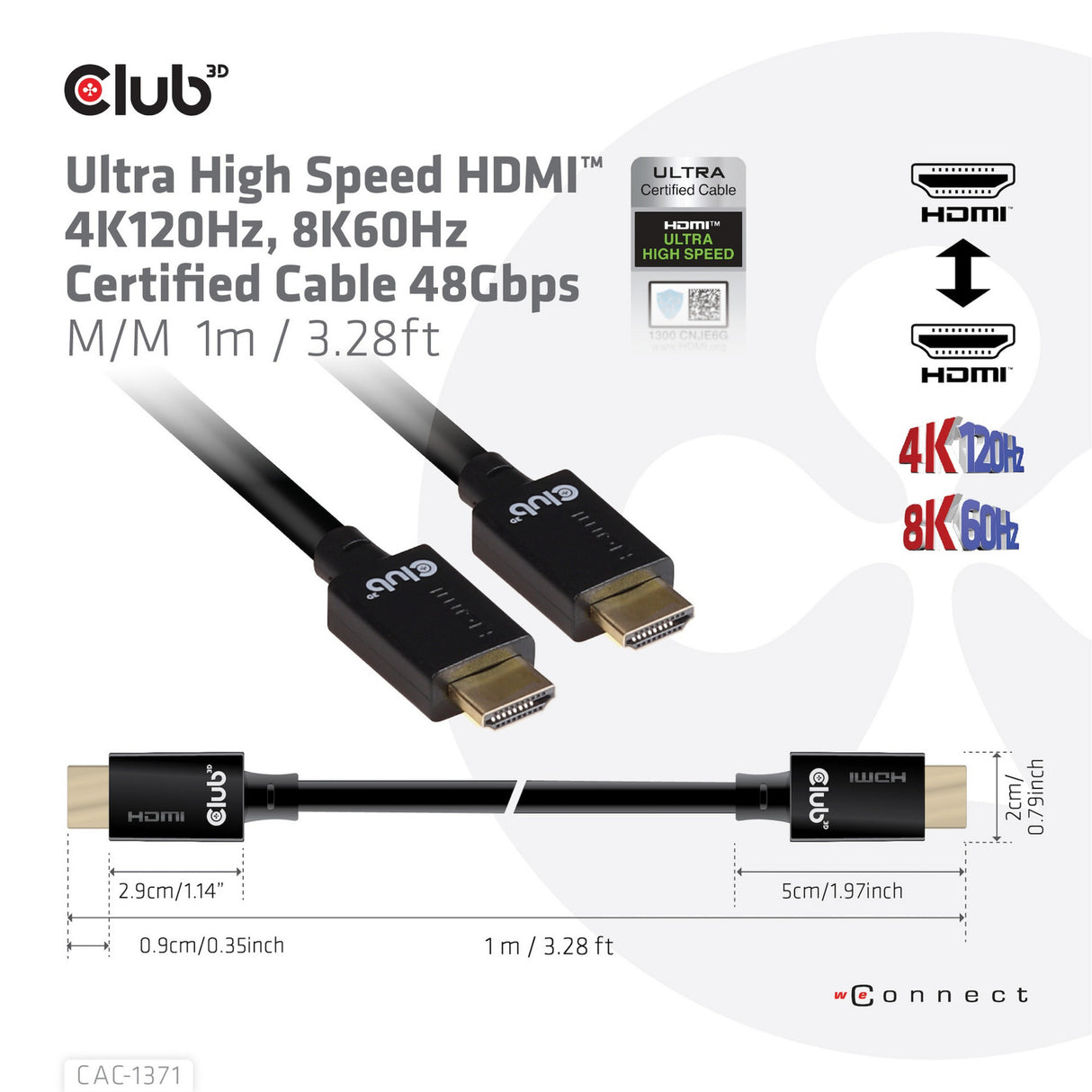 Club 3d ultra high speed hdm kabel (zwart, 1 meter, 4k 120hz, 8k 60hz, 48gbps)