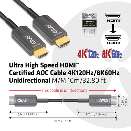 Club 3d gecertificeerde actieve optische ultra high speed hdmi 2.1 kabel (zwart, 10 meter, 8k)