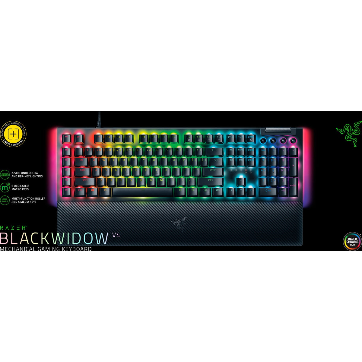 Razer blackwidow v4 rgb mechanisch gaming toetsenbord (zwart, us lay-out (qwerty), yellow, 100%)