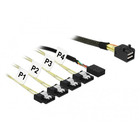 Delock interne minisas-hd sff-8643 naar 4x 7-pin sata adapterkabel (zwart, 1 meter, met sideband)
