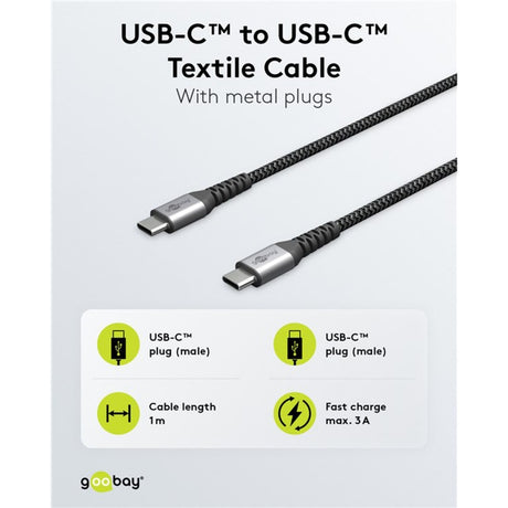 Goobay usb-c snellader nano (65 w) en usb-c textielkabel (zwart, 2x usb-c, 1x usb-a, 1 meter)