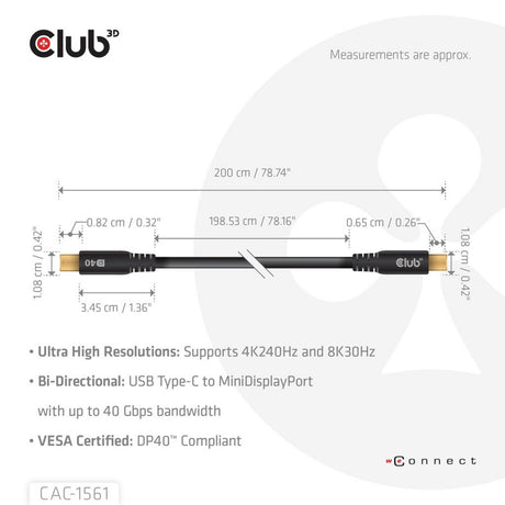 Club 3d usb-c naar minidisplayport dp40 bidirectioneel adapter (zwart, 2 meter, vesa-gecertificeerd)
