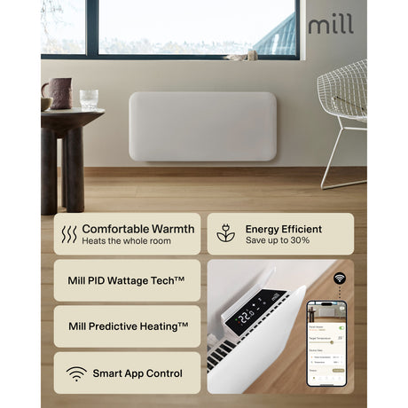 Mill steel wifi paneelverwarming pa1300wifi4, 1300 watt convector (wit, wifi 2,4 ghz (wifi 6), bluetooth 5.2, zigbee 3.0 + app)
