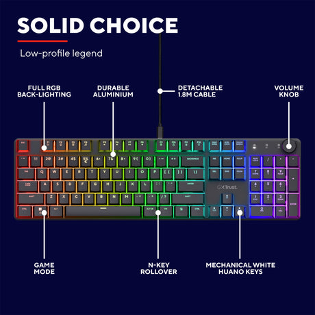 Trust gxt 866 torix mechanisch gaming toetsenbord (zwart, us lay-out (qwerty), huano red, 100%, rgb)