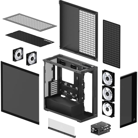 Arctic xtender midi tower behuizing (zwart (mat) | 2x usb-a | 1x usb-c | rgb | tempered glass)