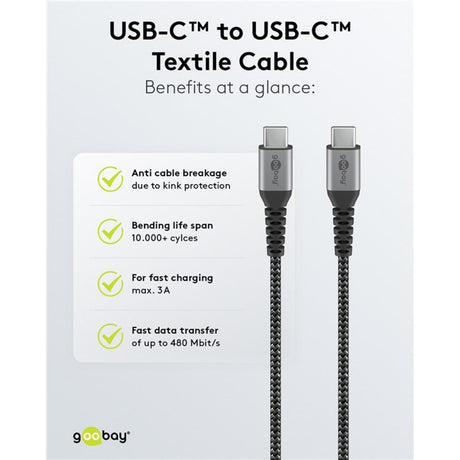 Goobay usb-c snellader nano (65 w) en usb-c textielkabel (zwart, 2x usb-c, 1x usb-a, 1 meter)