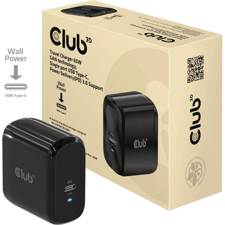 Club 3d travel charger pps 65w gan technology (zwart, usb-c, power delivery(pd) 3.0)