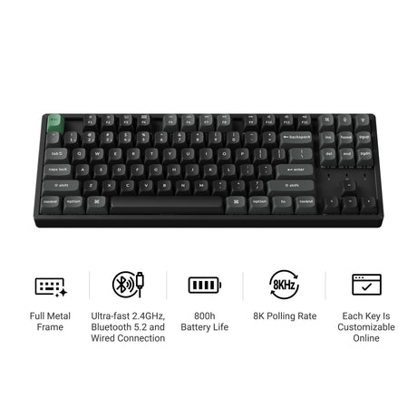 Keychron k8 ultra 8k wireless custom mechanical keyboard (zwart, us lay-out (qwerty), apex brown, 80% (tkl), rgb leds, osa double-shot pbt, usb-c | 2.4 ghz | bluetooth 5.2)