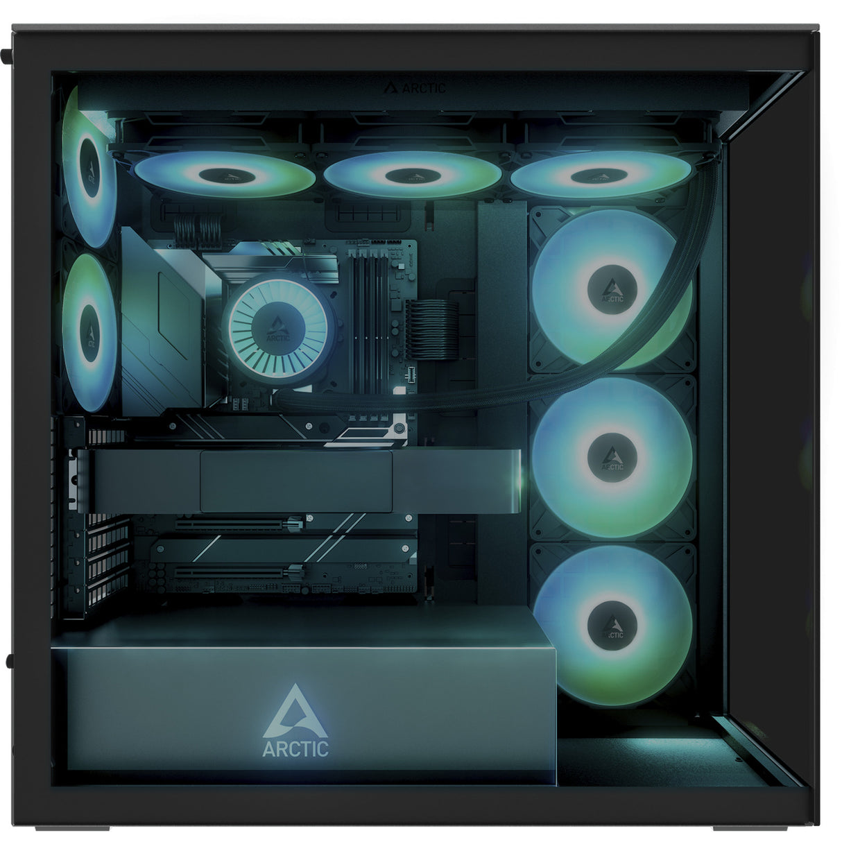 Arctic xtender midi tower behuizing (zwart (mat) | 2x usb-a | 1x usb-c | rgb | tempered glass)