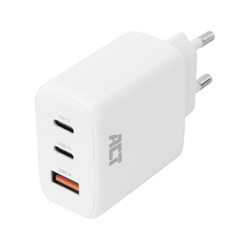 Act connectivity usb-c usb-a lader 65w 3-poorts met power delivery pps, quickcharge en ganfast (wit)
