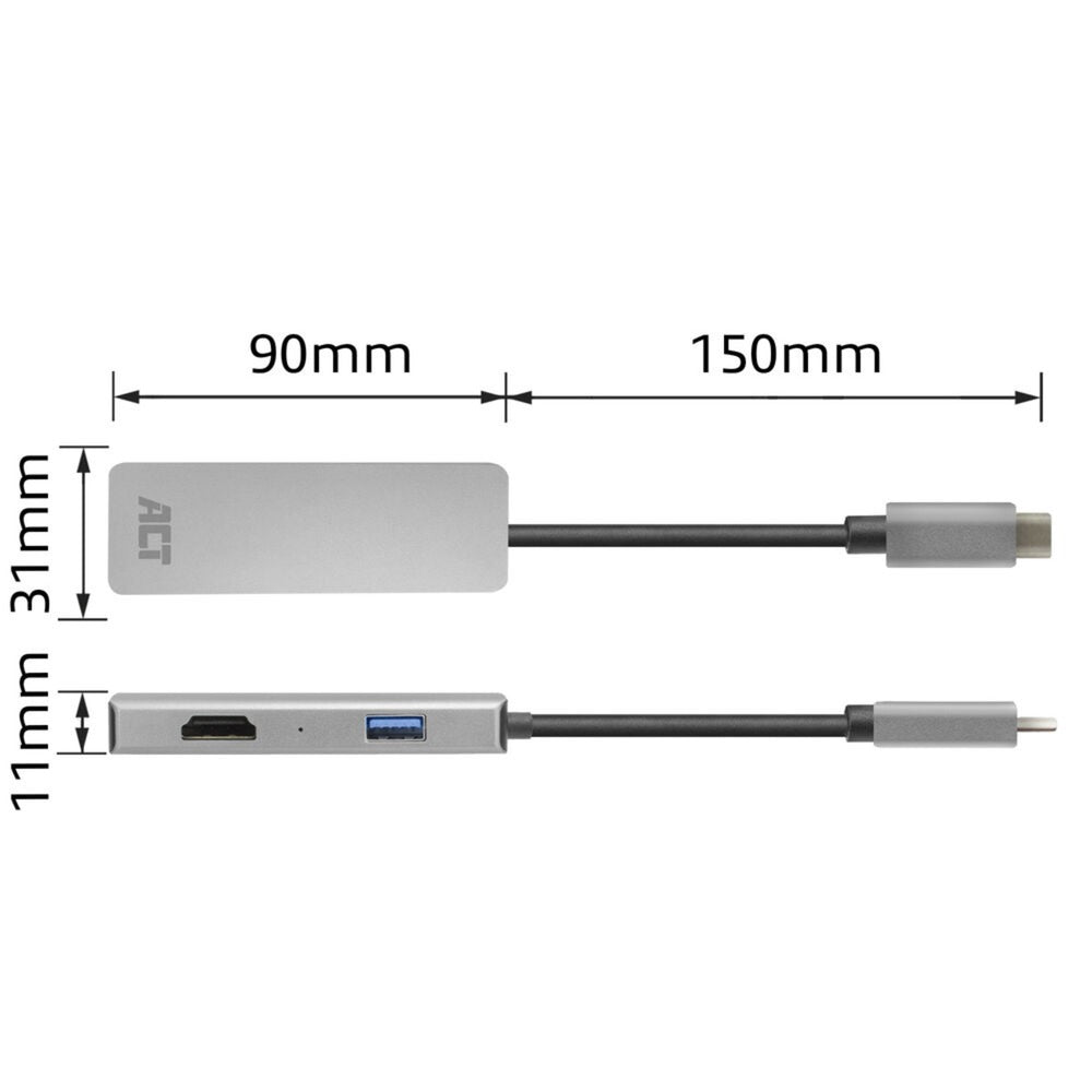 Act connectivity usb-c 4k multiport adapter voor 2 hdmi schermen, usb-a datapoort (aluminium)
