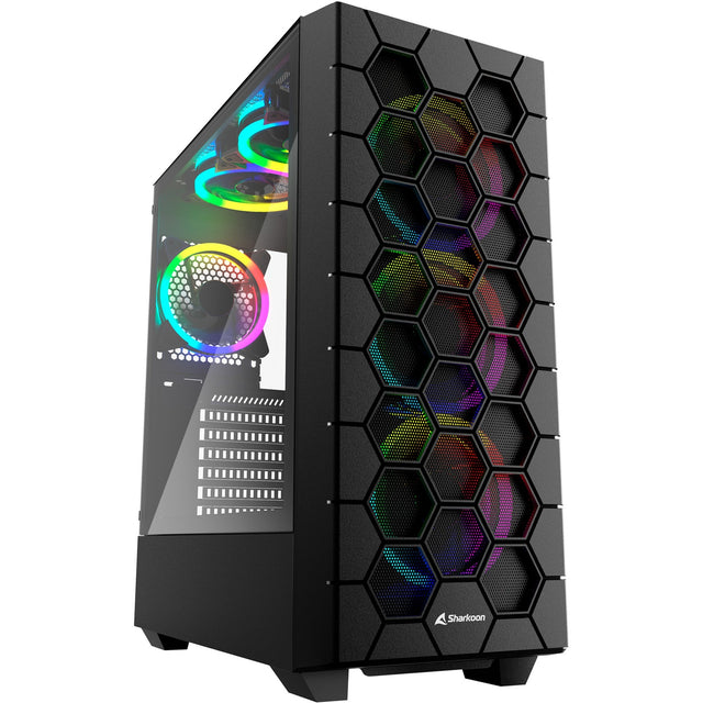 Sharkoon rgb hex midi tower behuizing (zwart | 2x usb-a | 1x usb-c | rgb | tempered glass)