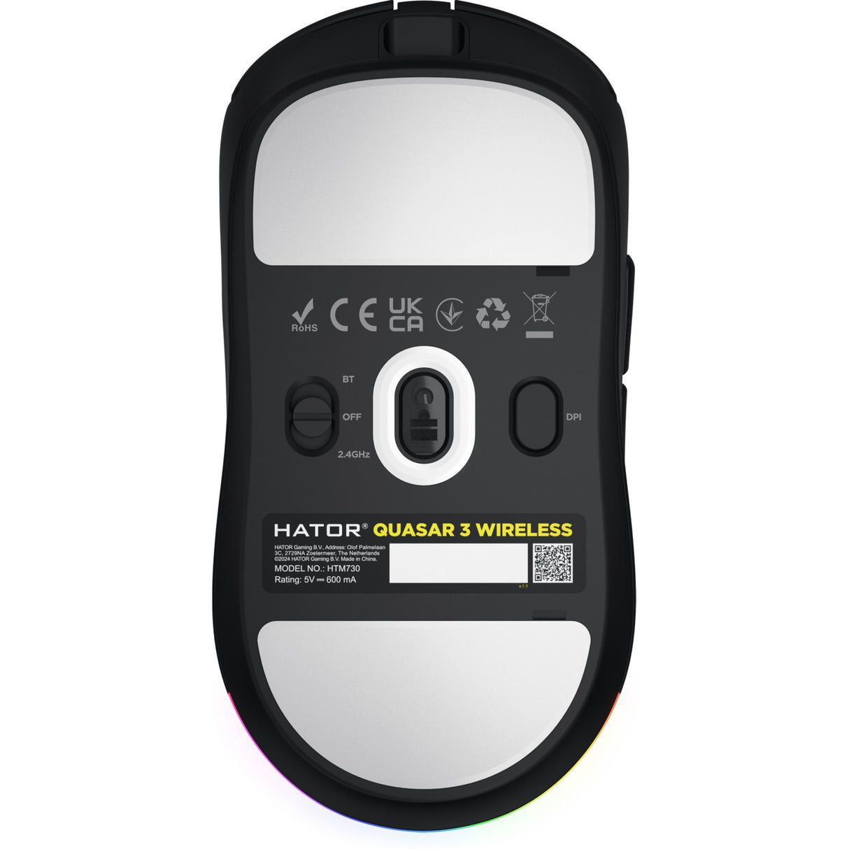 Hator quasar 3 wireless gaming muis (zwart, 400 - 12.000 dpi, rgb, 2.4ghz bluetooth 5.1 usb)
