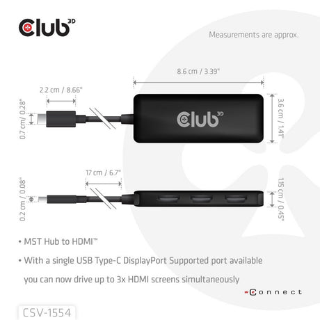 Club 3d usb-c naar 3x hdmi hub (zwart)