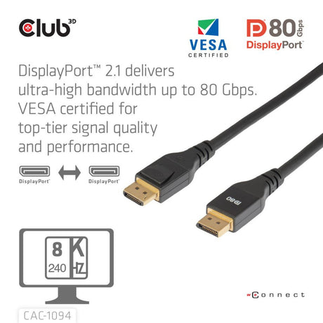 Club 3d gecertificeerde displayport 2.1 kabel (zwart, 2 meter, 10k)