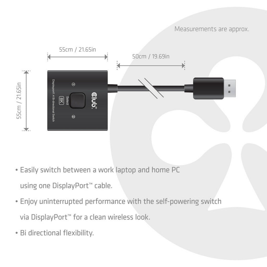 Club 3d displayport 2-in-1 bidirectionele 8k switch displayport switch (zwart)