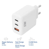 Act connectivity usb-c usb-a lader 65w 3-poorts met power delivery pps, quickcharge en ganfast (wit)