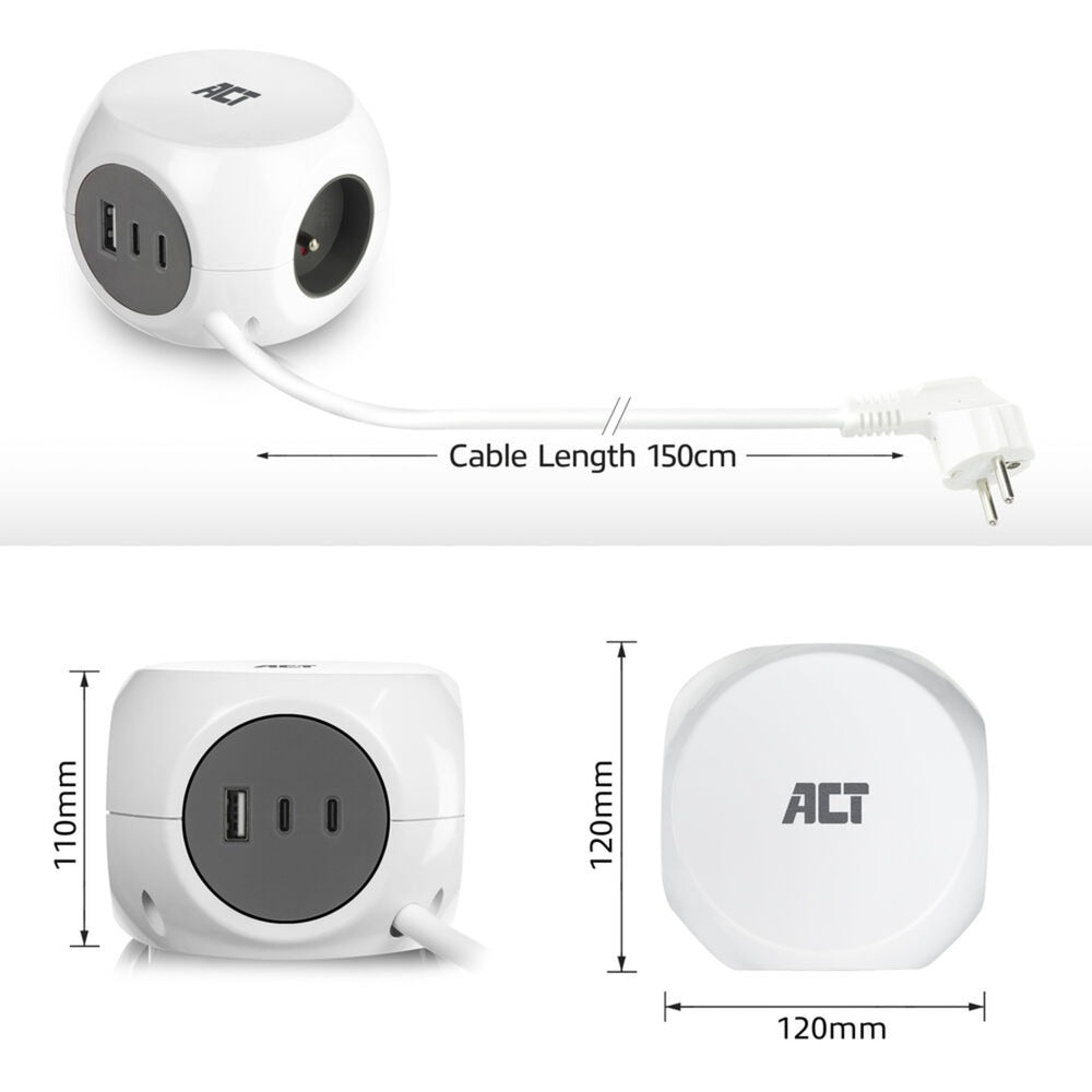Act connectivity act stekkerdoos kubus met 3 stopcontacten, 30w power delivery usb-c a poorten, kabellengte 1,5m ac2425