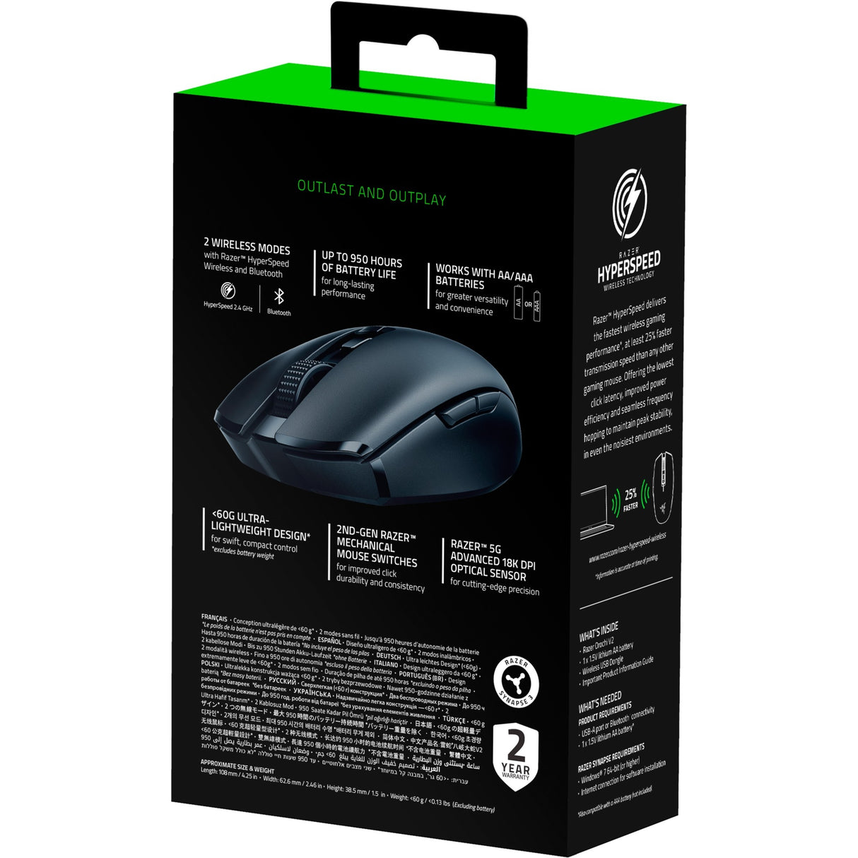 Razer orochi v2 mobile wireless gaming mouse (zwart, 18.000 dpi, 2.4 ghz + bluetooth)