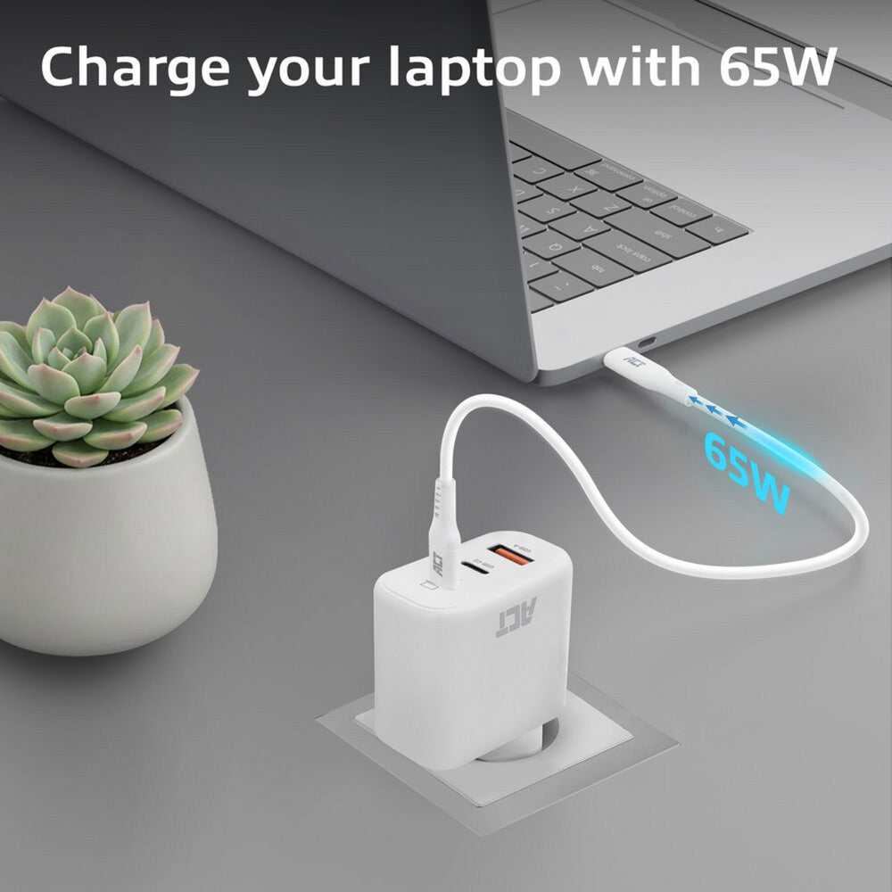 Act connectivity usb-c usb-a lader 65w 3-poorts met power delivery pps, quickcharge en ganfast (wit)