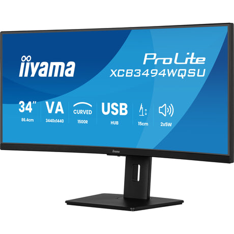 Iiyama prolite xcb3494wqsu-b1 34 curved ultrawide monitor (zwart, 2x hdmi, displayport, 2x usb-a, 2x usb-c)