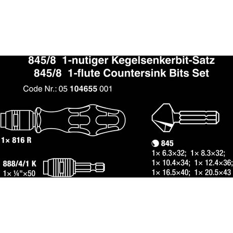 Wera 845 8 verzink bit-set, 8‑delig bitset (zwart groen)