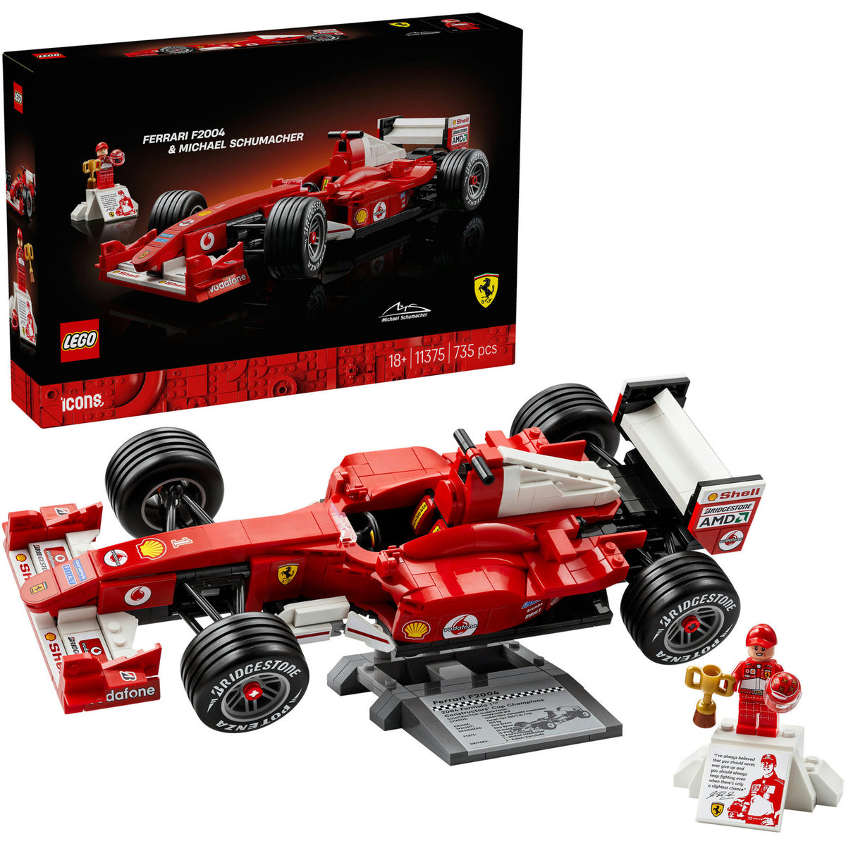 Lego icons ferrari f2004 en michael schumacher model auto bouwpakket voor volwassenen en decoratie 11375