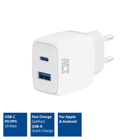 Act connectivity usb-c usb-a lader 20w met power delivery pps, quick charge, ganfast oplader (wit)