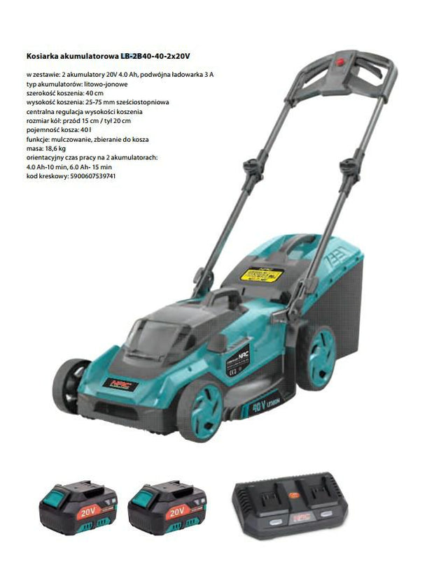Nac batterijmaaier 2x20v 46cm 2x6,0ah