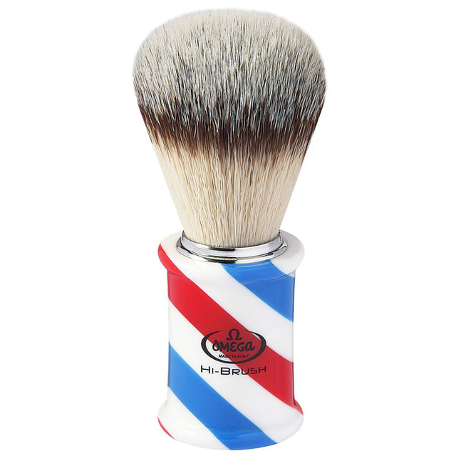 Omega scheerkwast hi-brush synthetisch haar met dassenhaareffect barber pol handvat 11cm