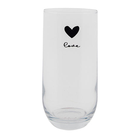 Clayre eef transparant longdrinkglas met zwart hartje en het woord love ã˜6x14cm 280ml