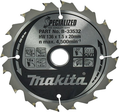 Makita accessoires cirkelzaagblad | hout | 136x20x1,5 16t 20g - b-33532