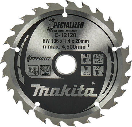 Makita accessoires makita cirkelzaagblad voor hout | efficut | ø 136mm asgat 20mm 25t - e-12120