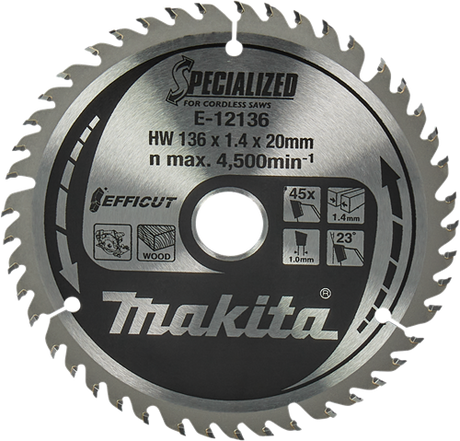 Makita accessoires makita cirkelzaagblad voor hout | efficut | ø 136mm asgat 20mm 45t - e-12136