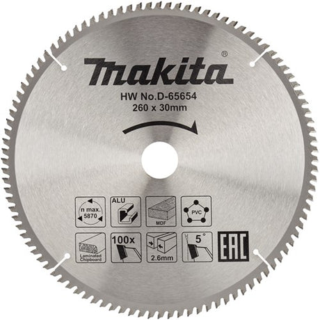 Makita accessoires d-65654 afkortzaagblad | div. materialen | 260x30x2,6 | 100t | 5g - d-65654