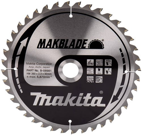 Makita accessoires makita afkortzaagblad voor hout | makblade | ø 260mm asgat 30mm 40t - b-32770