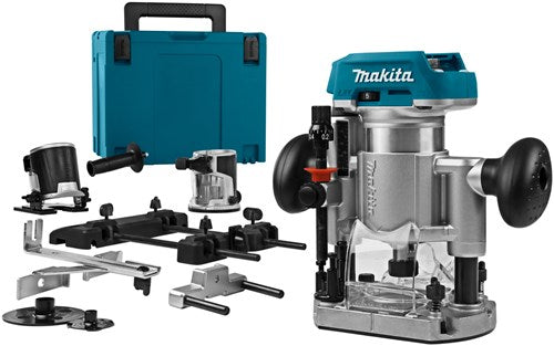 Makita drt50zjx9 accu freesmachine 18v li-ion | zonder accu's en lader in m-box met geleiderail adapter - drt50zjx9