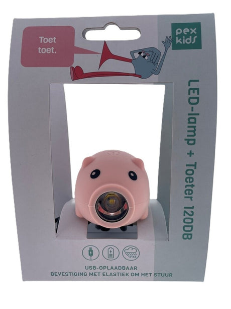 Pexkids fietstoeter varken met led lamp usb roze