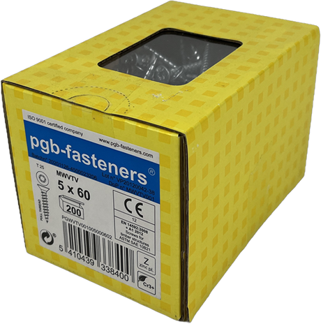 Pgb-europe pgb-fasteners universele spaanplaatschroef vk-t voldraad verzonken kop ø5,0x60 zn tx20 | 200 st | pgwvtv001005000602