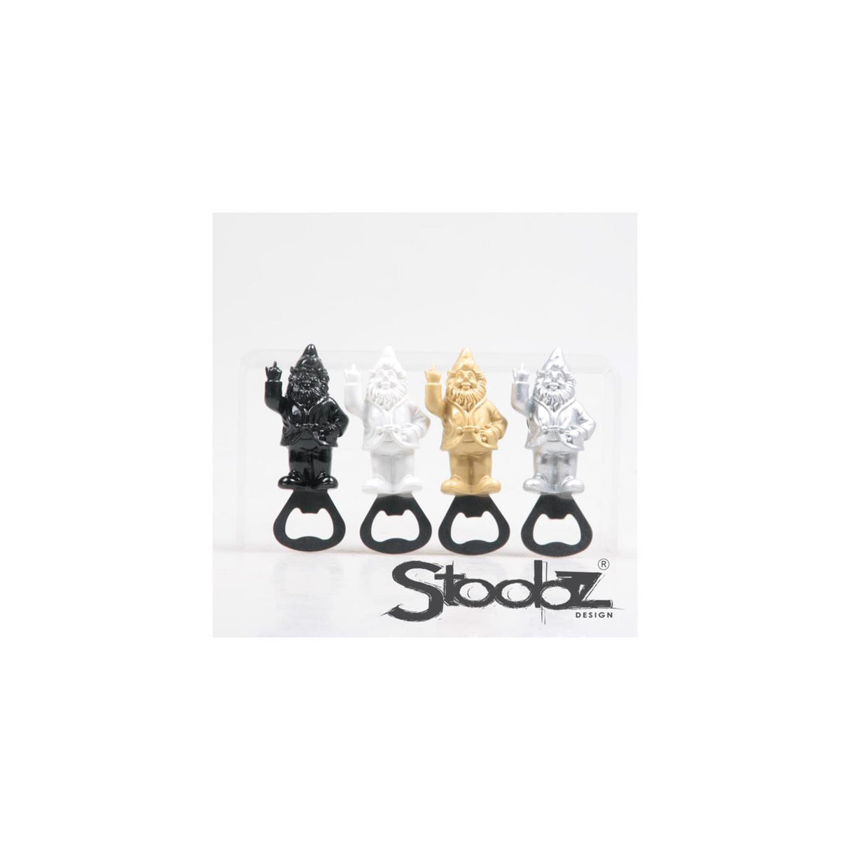 Stoobz design stoobz kabouter f*ck you flesopener met magneet 9cm zwart wit zilver goud
