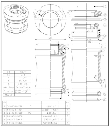 Tecora balhoofdstel1 1 8 inch semi geintegreerd met kabel doorvoer