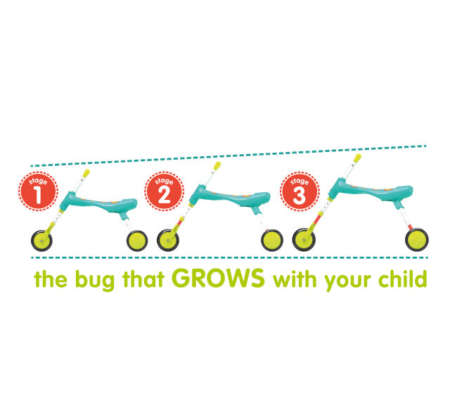 The bugs scuttlebug xl splodge loopfiets met 3 wielen junior turquoise groen