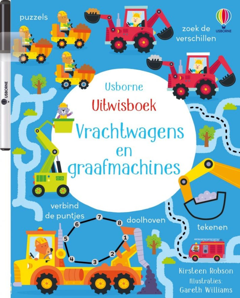 Usborne uitwisboek - vrachtwagens en graafmachines