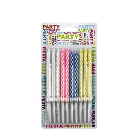 Verjaardagskaarsen multicolor witte streep 10-delig