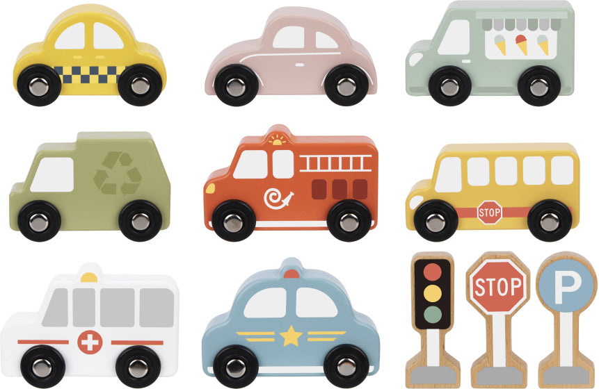 Tooky toy Houten Voertuigenen Verkeersbordenset 12-delig